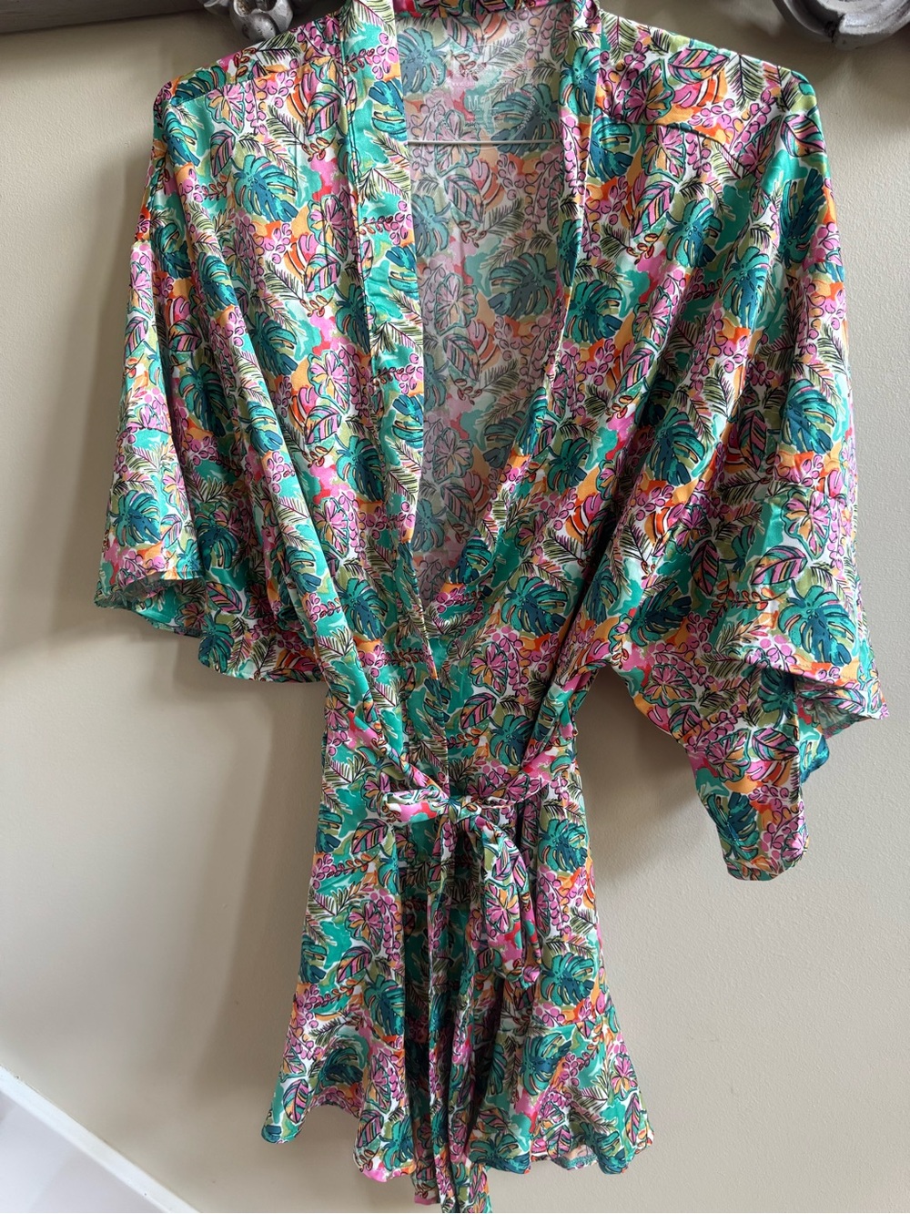 Floral Satin Kimono Robe in Turquoise & Pink
